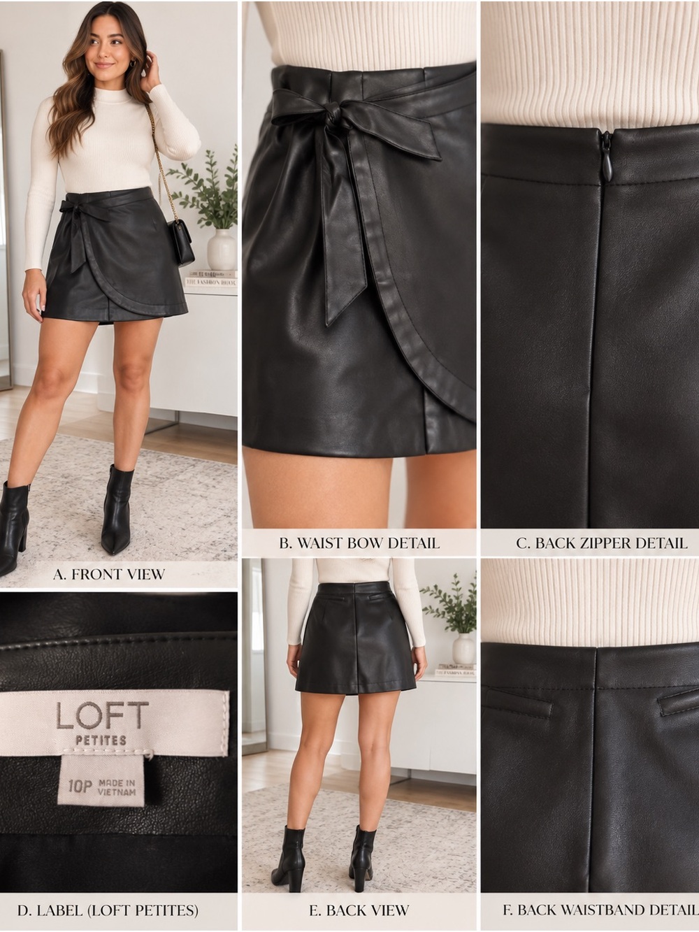 LOFT Black Faux Leather Bow-Waist Mini Skirt